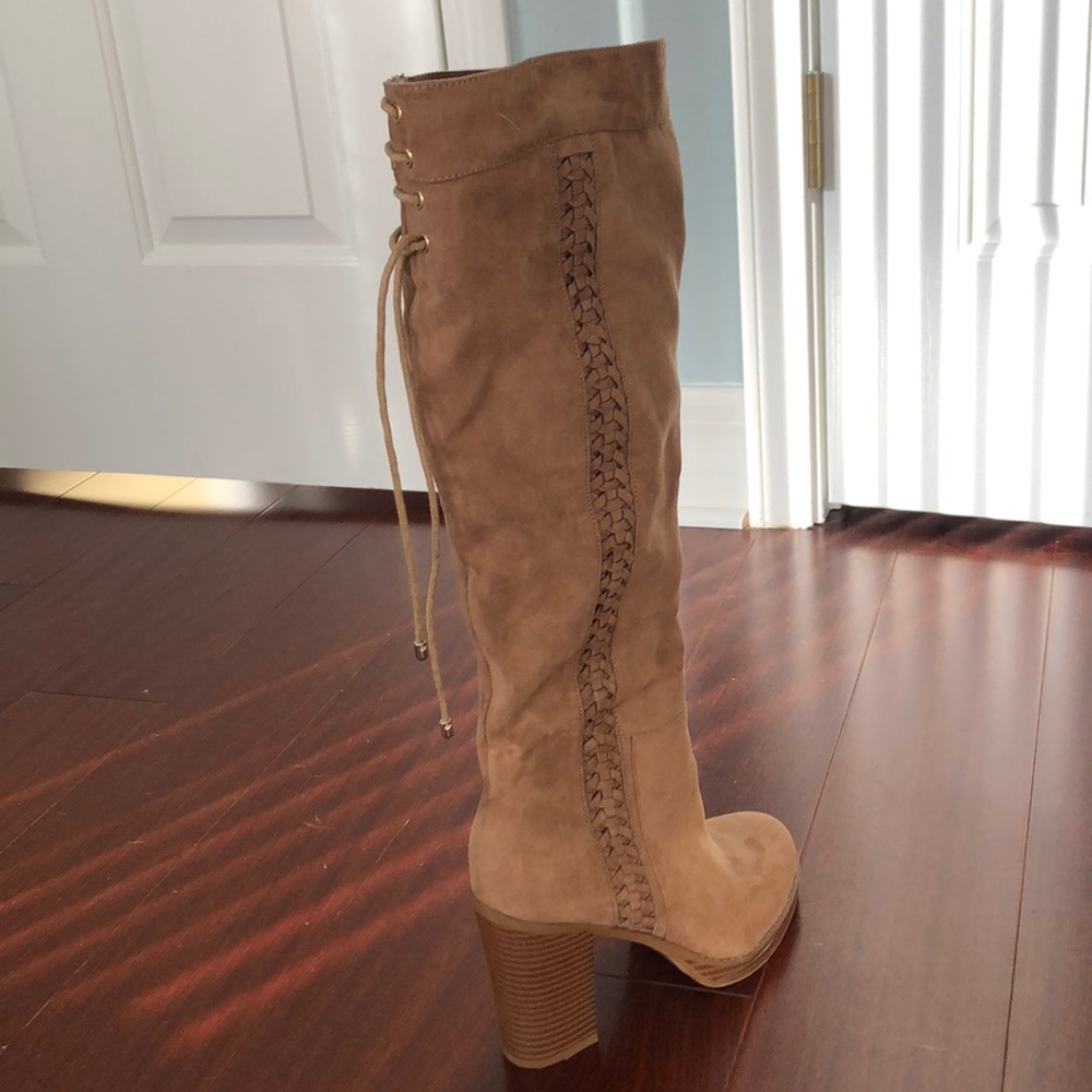 block heal tan suede boots